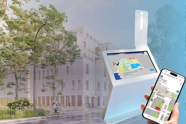 Kiosco interactivo de orientación hospitalaria con mapa digital y navegación móvil mediante código QR para facilitar el wayfinding accesible en hospitales.