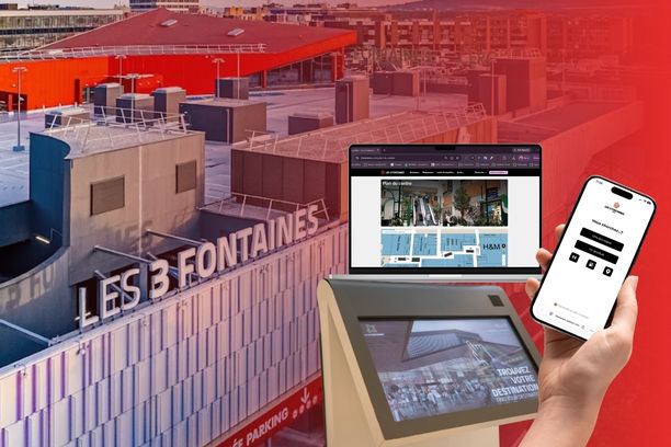 ViaDirect's complete wayfinding ecosystem at Les 3 Fontaines shopping center, combining interactive kiosks, a web map, and a QR code-enabled mobile map for seamless visitor navigation.
