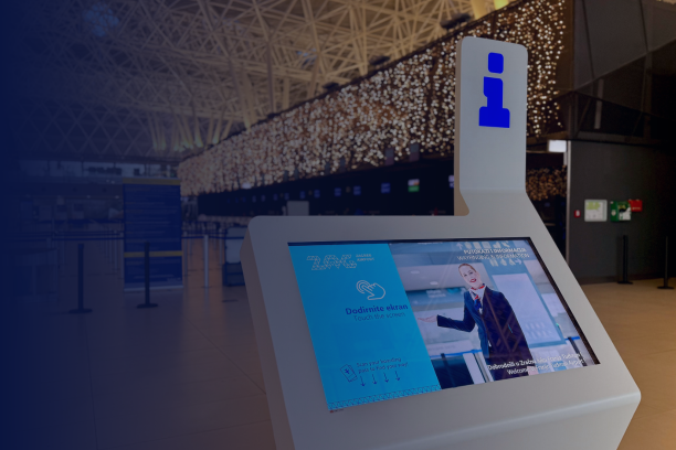 Interactive wayfinding kiosk by ViaDirect at Zagreb Airport, showing a digital map and navigation options for travelers.