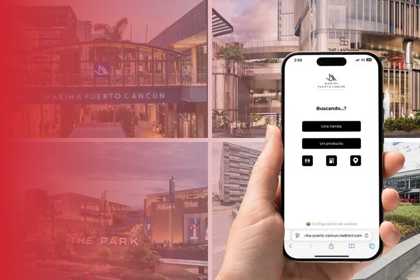 Interactive mobile map of Marina Puerto Cancún displayed on a smartphone, with Thor Urbana shopping centers in the background.