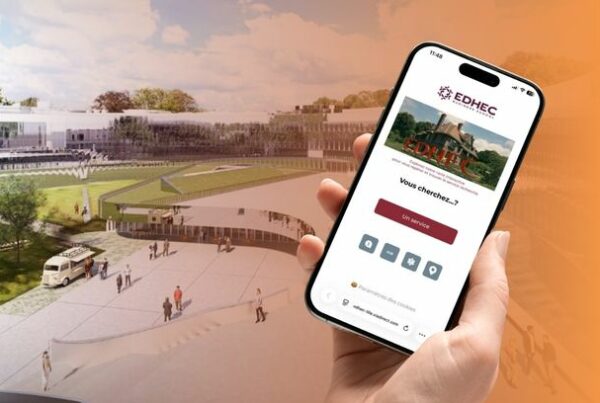 A smartphone displaying EDHEC Business School’s interactive campus map, illustrating mobile wayfinding and digital navigation across a large university campus.