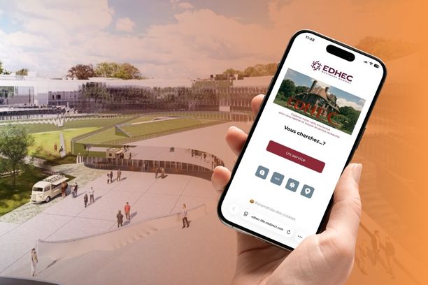 A smartphone displaying EDHEC Business School’s interactive campus map, illustrating mobile wayfinding and digital navigation across a large university campus.