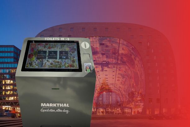Interactive wayfinding kiosk installed at Markthal Rotterdam in Rotterdam, displaying a digital 3D map to help visitors navigate the market hall.