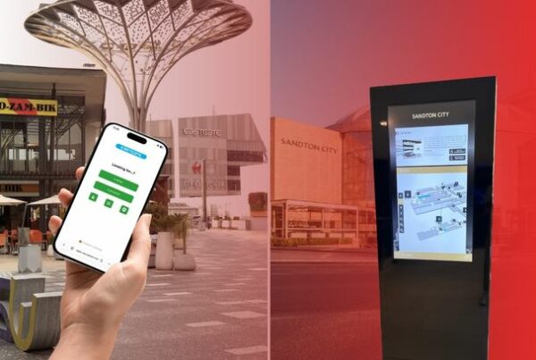 Interactive wayfinding solutions in African shopping malls: mobile map accessed via smartphone and digital kiosk at a shopping centre.