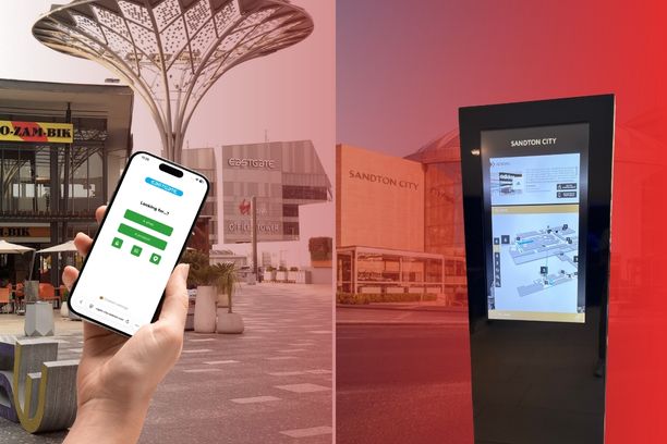 Interactive wayfinding solutions in African shopping malls: mobile map accessed via smartphone and digital kiosk at a shopping centre.