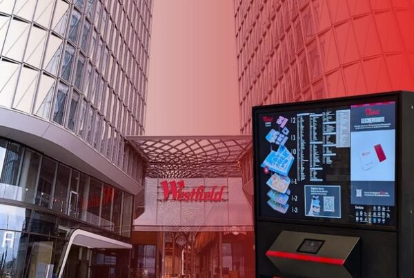 Interactive digital wayfinding kiosk at Westfield Überseequartier in Hamburg, helping visitors navigate the shopping center with a 3D map and directory