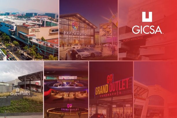 Collage de centros comerciales de GICSA en México, incluyendo Forum, Explanada, Paseo Querétaro y Grand Outlet, representando la digitalización de la experiencia del visitante.