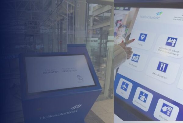Interactive ViaDirect wayfinding kiosk and mobile navigation interface at Halifax Stanfield International Airport.