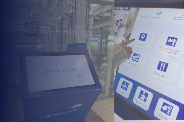 Interactive ViaDirect wayfinding kiosk and mobile navigation interface at Halifax Stanfield International Airport.
