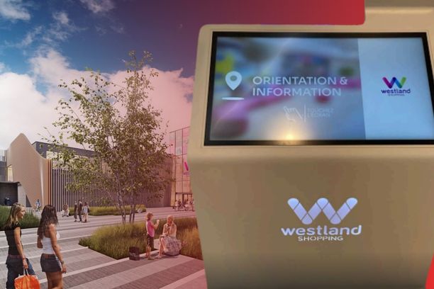 A composite image showing the exterior of Westland Shopping Centre alongside a close-up of a ViaDirect touch-screen wayfinding kiosk displaying an "Orientation & Information" interface.