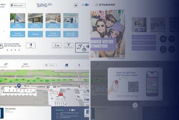 Pantallas de software de navegación indoor mostrando un mapa 3D interactivo, itinerario hacia un destino y código QR para recibir la ruta en el móvil.