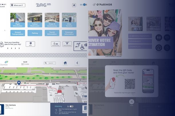 Pantallas de software de navegación indoor mostrando un mapa 3D interactivo, itinerario hacia un destino y código QR para recibir la ruta en el móvil.