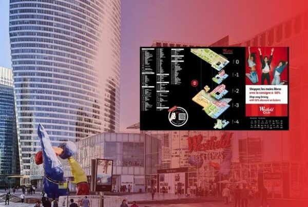 Digital wayfinding map displayed at Westfield Les 4 Temps shopping centre in Paris La Défense, helping visitors locate stores and services.