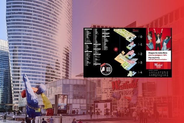 Digital wayfinding map displayed at Westfield Les 4 Temps shopping centre in Paris La Défense, helping visitors locate stores and services.