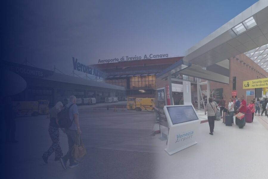 Venice, Treviso and Verona airport terminals with a Venezia Airport wayfinding kiosk, Gruppo SAVE network