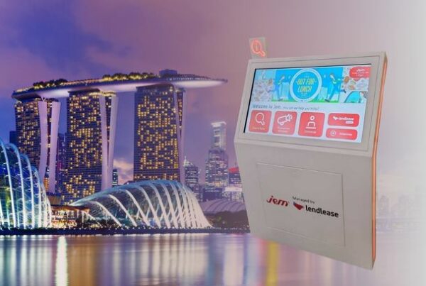 Interactive digital wayfinding kiosk by ViaDirect in a Singapore commercial venue, providing 3D indoor navigation and QR code mobile wayfinding.