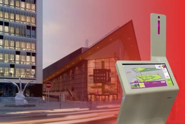 Custom ViaDirect interactive wayfinding kiosk with 3D map alongside the exterior of La Vache Noire shopping center.